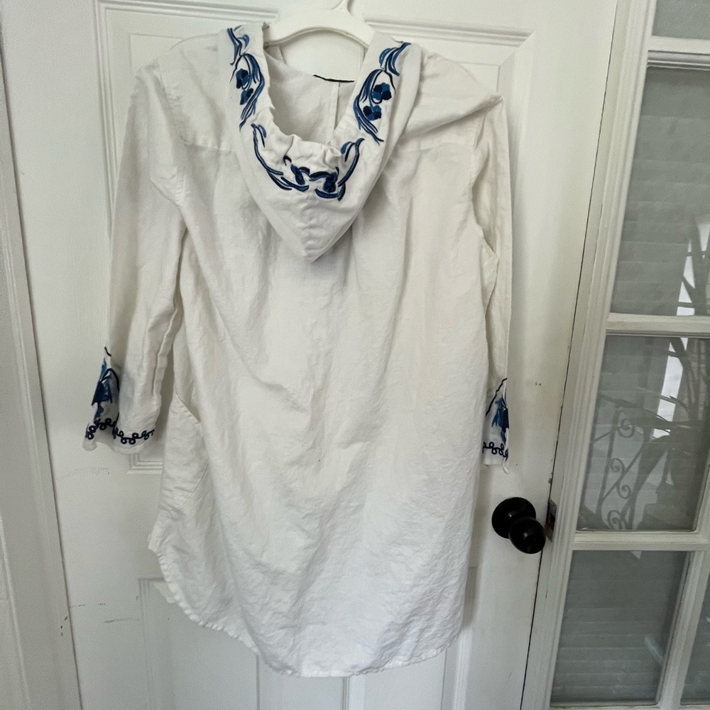 For Cynthia White & Blue Embroidered Hooded Tunic Boho Coastal Size L - Picture 2 of 5